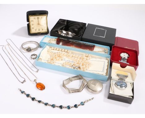 Collection of silver &amp; costume jewellery, to include a necklace, ring, bracelet, clock, comb, etc, (qty)