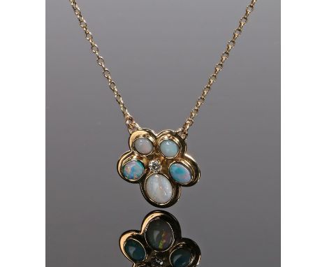 9 carat gold opal and diamond set pendant necklace, the central round cut diamond with a five opal surround attached to the n