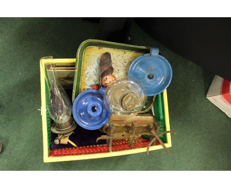 Works of art, to include an oil lamp, two enamel chamber sticks, cased goblets, tray and scales with weights, (qty)