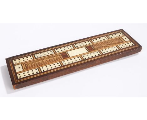 19th Century cribbage board, with Tunbridge type inlay and boxwood bands, 27cm long
