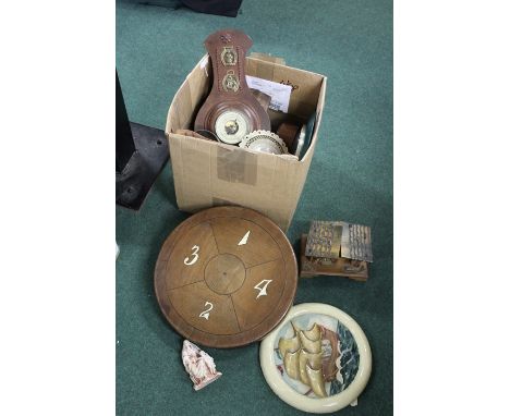 Barometer, mantel clocks, cribbage board, wooden games board etc (qty)