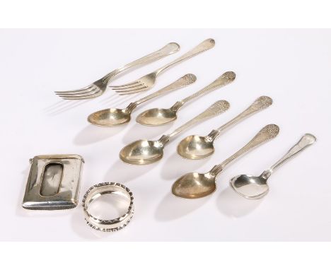 George III silver dessert fork, Edward VII silver napkin ring, five continental teaspoons, preserve spoon, dessert fork, vest