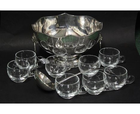 Silver plated punch bowl, together with a ladle and six glass punch cups, (8)
