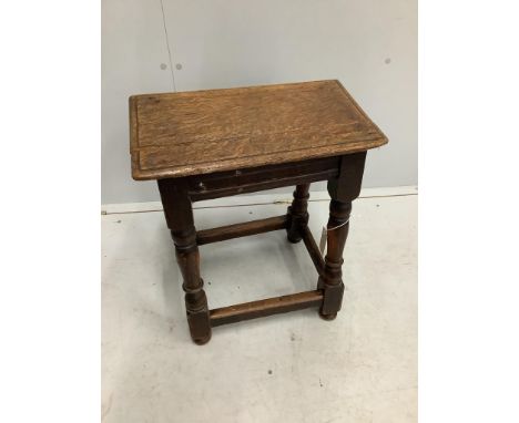 An 18th century style oak joint stool, width 44cm, depth 25cm, height 53cm