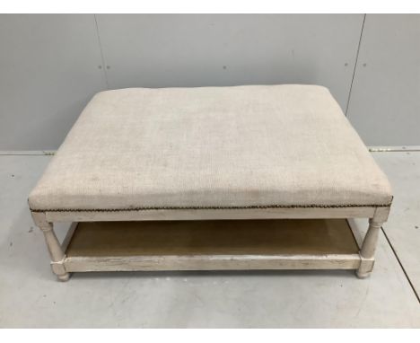 A Contemporary painted oak upholstered rectangular stool, width 110cm, depth 80cm, height 39cm