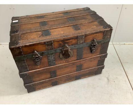 A Victorian iron bound pine trunk, width 71cm, depth 44cm, height 54cm