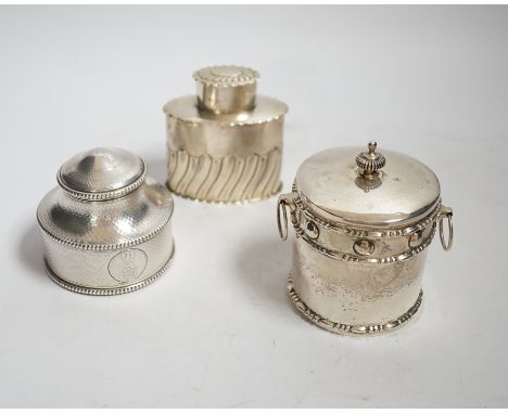 A Victorian engine turned silver circular tea caddy, William Shaw II, London, 1865, height 68mm, together with two other silv