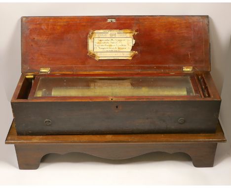 A late 19th century Swiss ‘forte piano’ cylinder musical box, in an inlaid mahogany case, playing four airs on two hundred an
