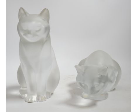 Two lalique glass frosted cats, tallest 21cm Taller cat tiny graze at tip of his left ear, visible only under a glass.  Both 