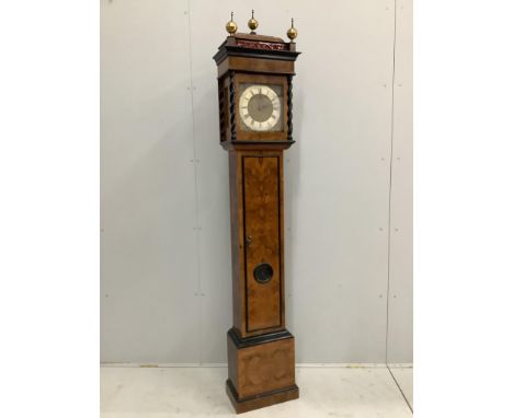 An 18th century style burr walnut thirty hour longcase clock, marked Kenfield, Winchester, height 203cm Size of the dial 25cm