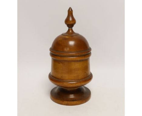 A 19th century fruitwood lidded tea caddy, 28cm Cover fits well but not tightly; otherwise good with good colour.  Appears to