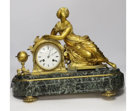 A late 19th century French ormolu and serpentine figural mantel clock, no key or pendulum, one foot missing, 47cm wide