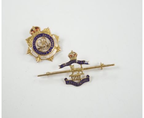 A 14ct and two colour enamel Royal Leicester Regiment sweethearts brooch, 50mm and a 9ct and enamel Royal Army Service Corps 