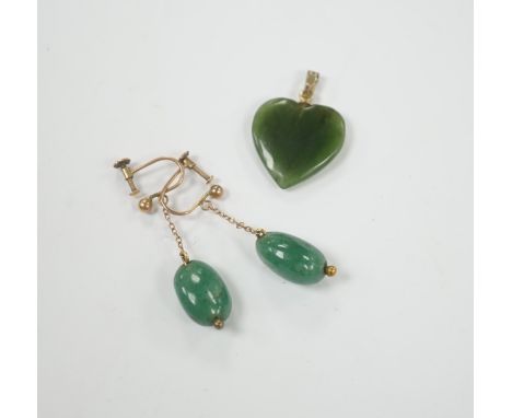 A gilt metal mounted nephrite heart shape pendant, 20mm and a pair of simulated jade earrings.