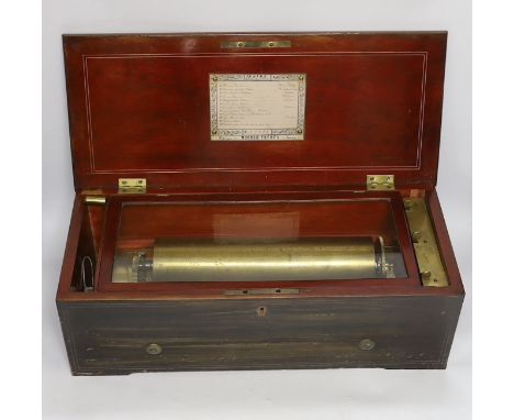 A late 19th century Swiss rosewood inlaid cylinder music box by Nicole Freres, playing twelve airs on one hundred and twenty-