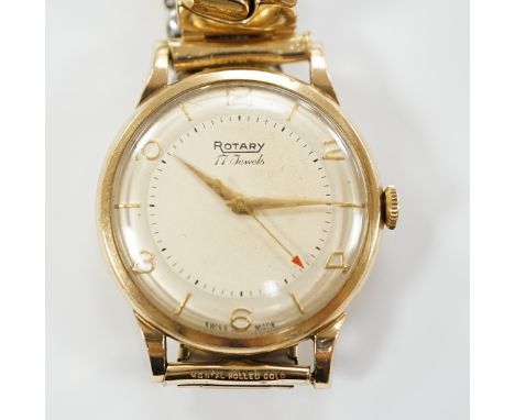 A gentleman's 1950's 9ct gold Rotary manual wind wrist watch, with associated steel and gold plated flexible bracelet.