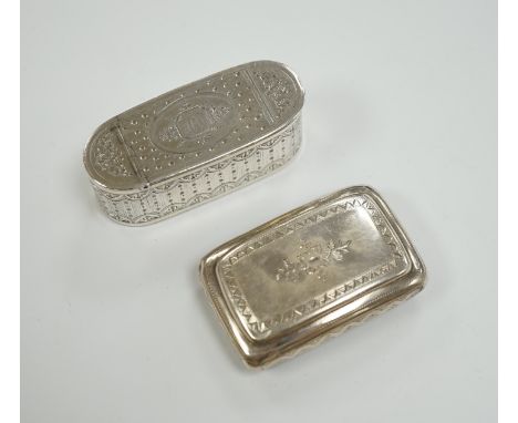 A George III engraved silver oval snuff box, by Phipps & Robinson, London, 1793, 70mm and one other Georgian silver snuff box