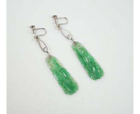 A pair of 9ct white metal, seed pearl and carved jade set drop ear clips, overall 7cm.