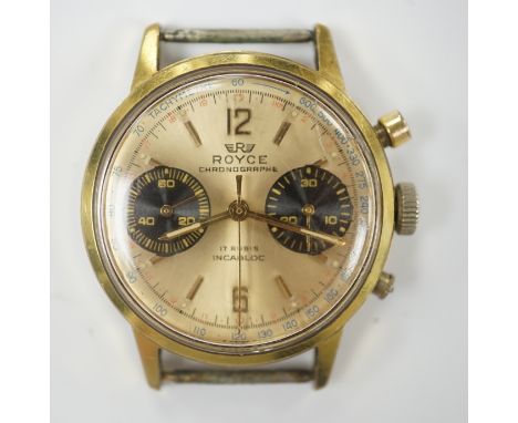 A gentleman's steel and gold plated Royce Chronograph manual wind wrist watch, with baton and quarterly Arabic numerals and t