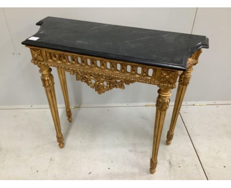 An 18th century style giltwood marble top console table, width 88cm, depth 33cm, height 78cm Marble is loose from the base. N