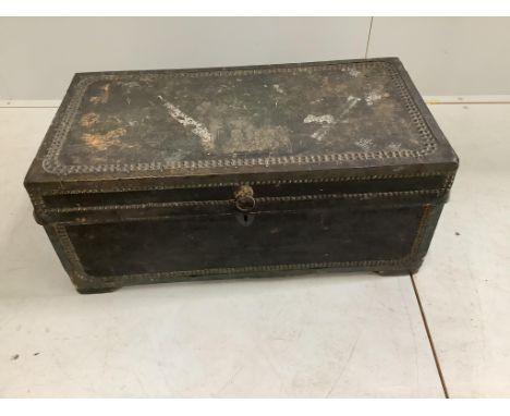 A 19th century brass mounted leather covered rectangular camphorwood trunk, width 75cm, depth 39cm, height 33cm