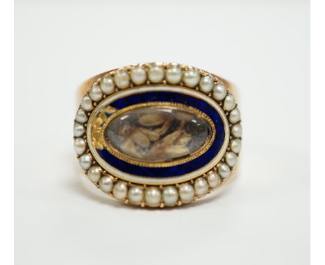 A George III yellow metal, enamel and split pearl set mourning ring, with central glazed panel and engraved inscription, 'Mar