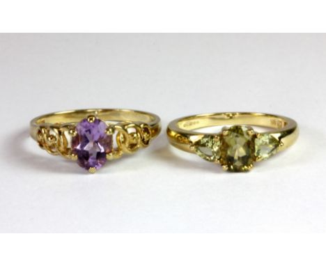 A 9ct yellow gold amethyst set ring (P) together with a 9ct yellow gold citrine set ring (M.5).