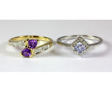 A 9ct yellow gold amethyst and diamond set ring (L.5) with a further 9ct white gold tanzanite and diamond set ring (O.5).