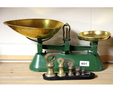 A brass scale and weights "The Viking" by F J Thorton & Co, Wolverhampton, W. 40cm.