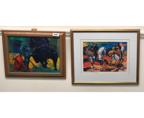 A framed oil on canvas of a bull fight and a gilt framed pencil signed lithograph "Going To The Feria" by Lucilla Jones.