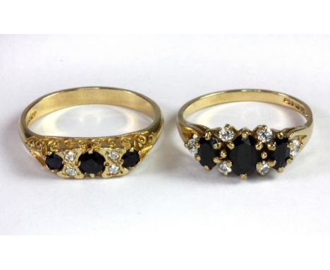 An antique 9ct yellow gold sapphire and white stone set ring (Q) together with a further 9ct gold sapphire and stone set ring