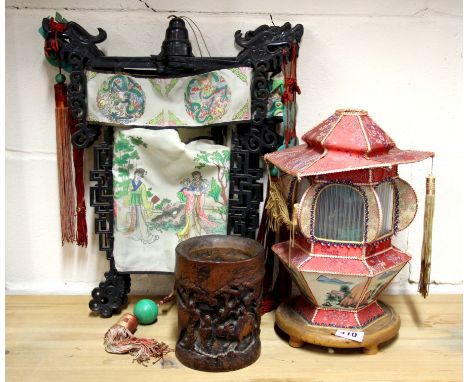 A 1950's Chinese table lantern, carved bamboo brush pot and ceiling lantern.