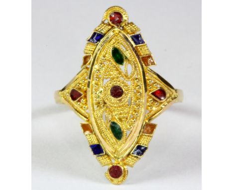 An interesting yellow metal (tested 22ct) enamelled ring (S).