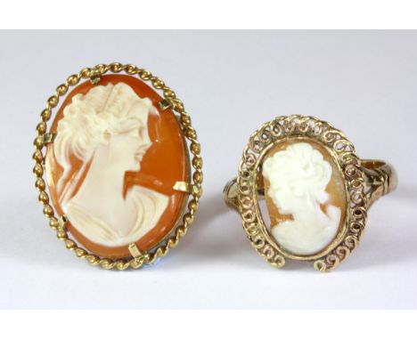 A 9ct yellow gold mounted cameo brooch (L. 2.7cm) together with a 9ct yellow gold cameo ring (V).