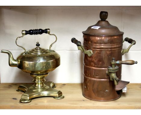 A Victorian brass kettle on stand and a copper water boiler.