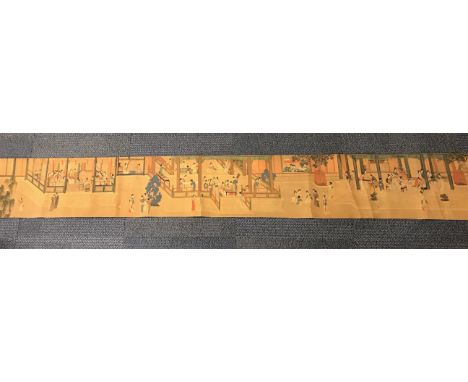 A Chinese silk mounted decorative scroll of court scenes, W. 30cm, L. 355cm.