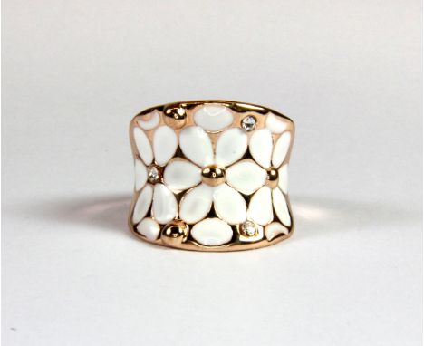 A rose gold gilt and enamel stone set flower ring (O).