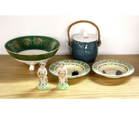 A pair of 19th century porcelain figures together with a Coalport fruit bowl, Poole pottery biscuit barrel and two Royal Doul