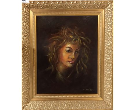 H.T. Shelton, gilt framed oil on board portrait, 47 x 39cm.