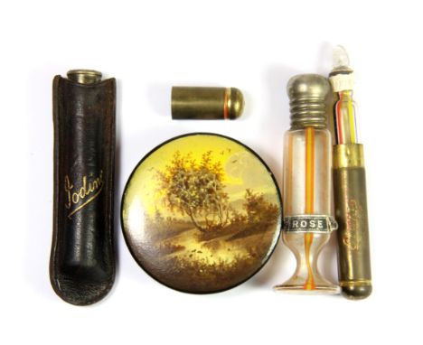 A small circular hand painted Russian papier mache box, a vintage perfume bottle, a perfume bottle and case and a vintage iod