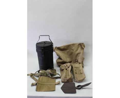 A 37 pat large pack with various webbing (some WWII dated) with an entrenching tool head and an A.F.V thermos flask