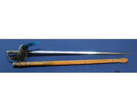 A British model 1897 Infantry Officers sword GR V WWI era, leather covered scabbard (as found)