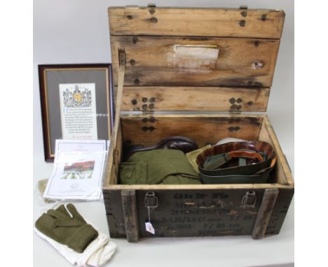 A wooden ammo crate containing mixed militaria including a WWI memorial scroll, WWII Naval kit bag and various U.S.A. items i