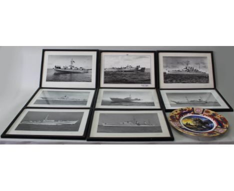 Eight Naval photographs of various vessels, all framed and glazed plus a Royal Worcester 'Nelson Collection' plate