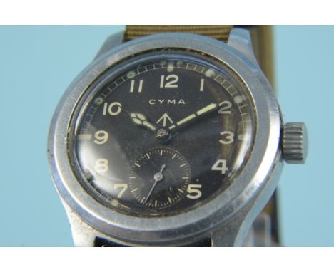 A circa 1940's Cyma wristwatch, one of the 'Dirty Dozen', case back marked with broad arrow WWW P12846/17846 (possible WD ser