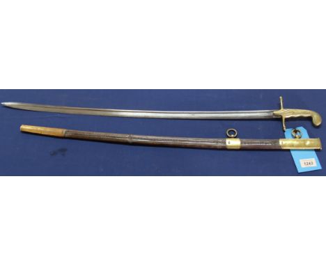 A Mameluke style sword with brass hilt and brass mounted brown leather scabbard, approx 32", slightly curved pipe back blade