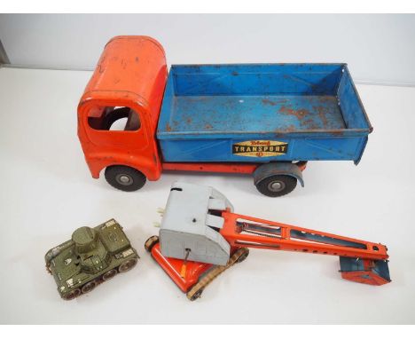 A group of vintage tinplate toys comprising a TRI-ANG lorry, an MFZ mechanical shovel and a GAMA tank - F/G unboxed (3)