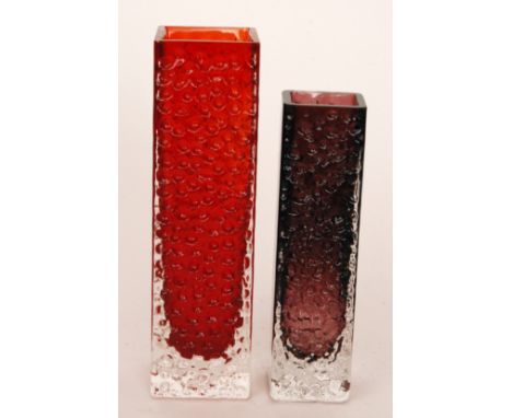 Geoffrey Baxter - Whitefriars - Two Textured range Nailhead vases, pattern 9683 in Ruby and Aubergine, heights 20cm and 17cm