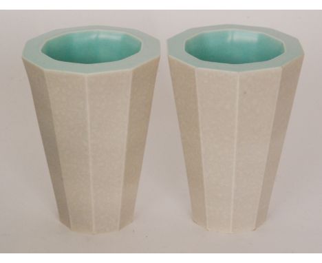 Poole Pottery - A pair of twin-tone decagon vases each decorated with a mottled mushroom glaze with a light blue interior, im