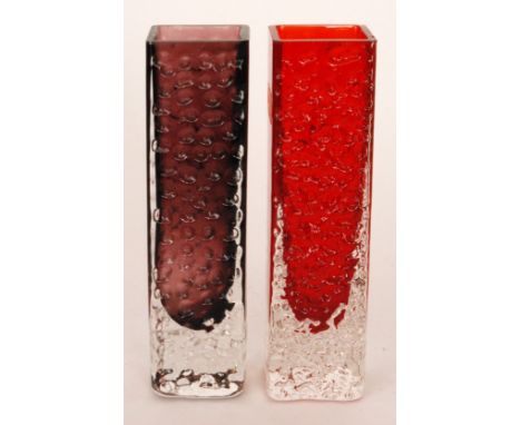 Geoffrey Baxter - Whitefriars - Two Textured range Nailhead vases, pattern 9683 in Ruby and Aubergine, height 17cm